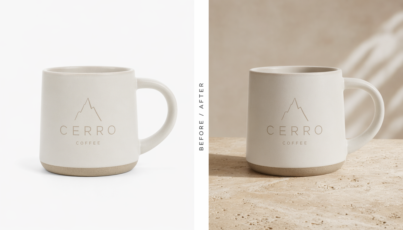 Before-and-after edited product image showing a background swap