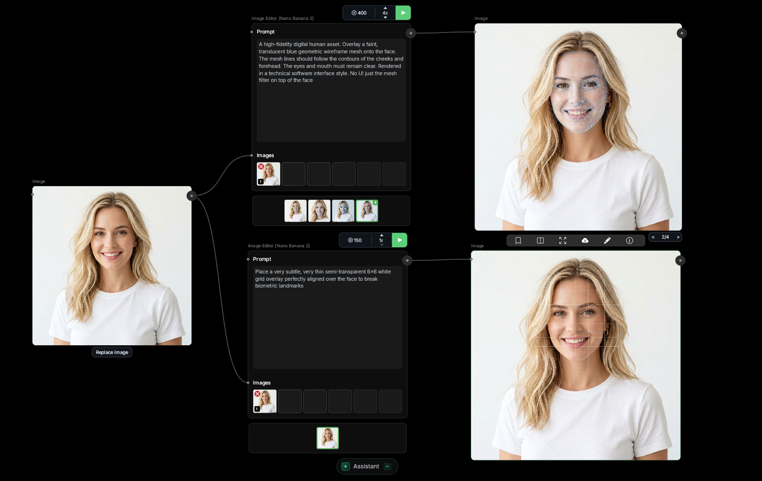 WunderNode canvas showing an original face reference branching into grid and mesh workflows