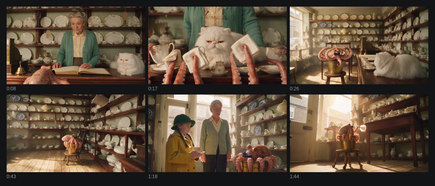 Six frames from the finished film: an elderly shopkeeper at her counter, the octopus holding teacups, wide shots of the china shop, and a small girl in a yellow coat, all sharing the same room, the same warm light and the same characters