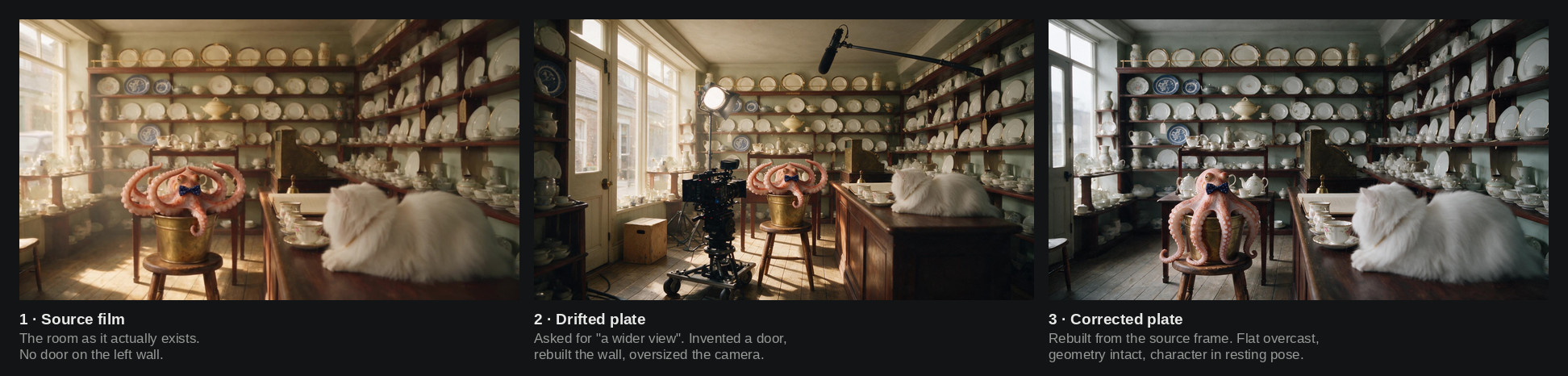 Three versions of the same china shop side by side: the original film frame, a drifted version with an invented door and rebuilt wall, and a corrected version with the original layout restored under flat grey light